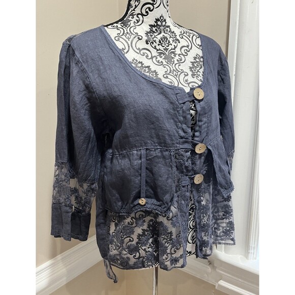 100% Linen Button Front Shacket Sz Med made in Italy Lagenlook Boho Hippie Blue - Picture 8 of 15